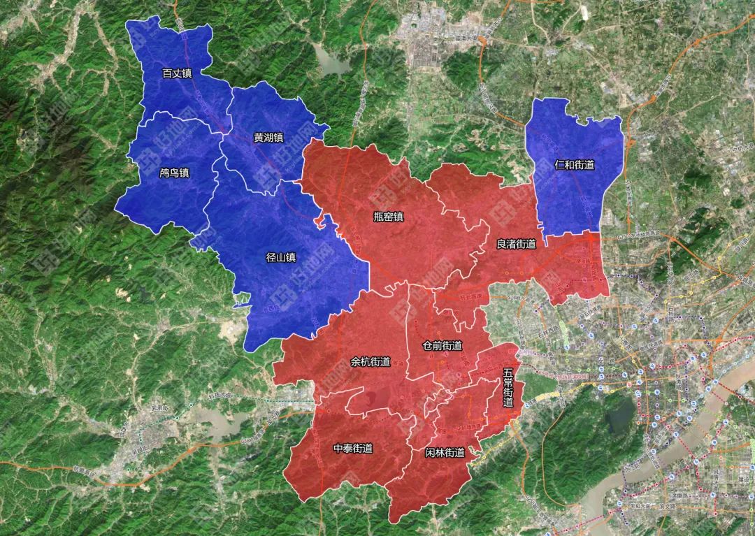 余杭區(qū)示意圖（紅色限購，藍色松綁區(qū)）